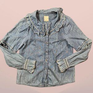 seventy + mochi Phoebe Ruffled Collar Blouse in Light Chambray Denim Size 2